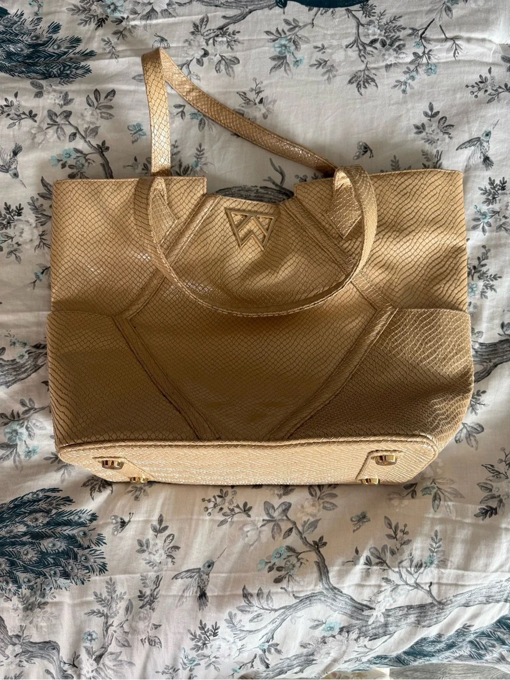 Gold Textured Tote Bag with Logo Accent